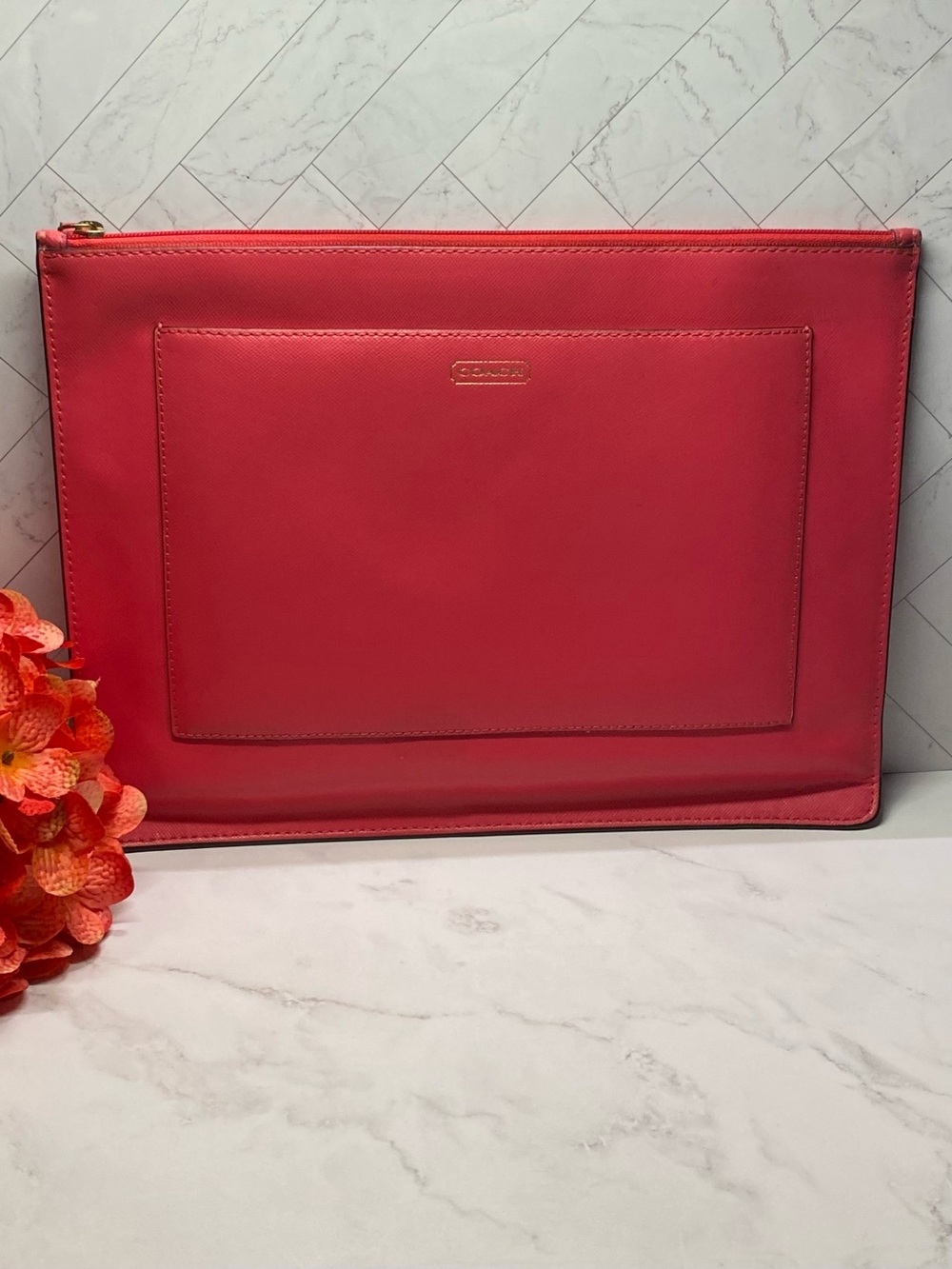 Coach Darcy Pomegranate Hot Pink Large Leather Tech Pouch #68077